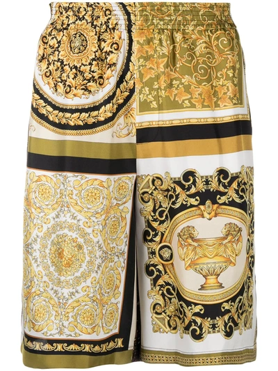 Versace Mixed-print Track Shorts In Black,gold,white