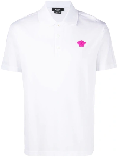 Versace Medusa Applique Cotton Polo Shirt In White