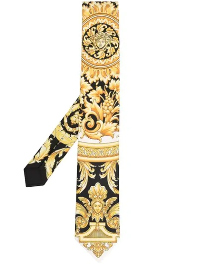 Versace White & Yellow Silk Barocco Tie In Gold