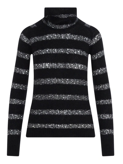 Saint Laurent Sequin Striped Mohair Blend Knit Sweater In Black,silver