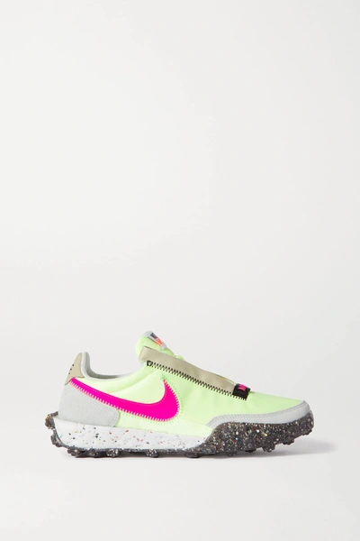 Nike Waffle Racer Crater Leather And Suede-trimmed Shell Sneakers In Barely Volt/pink Blast/black Poison