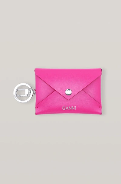 Ganni Envelope Pouch Leather Key Chain In Shocking Pink