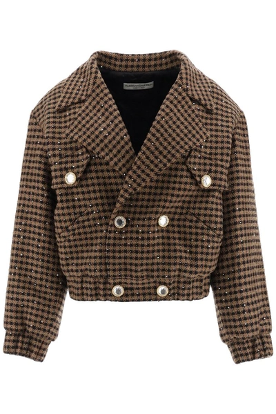 Alessandra Rich Vichy Embellished Houndstooth Tweed Bomber Jacket In Brown,black