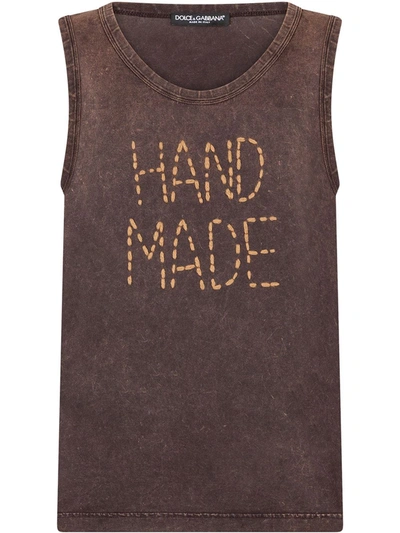 Dolce & Gabbana Cotton Tank Top With Embroidery In Brown
