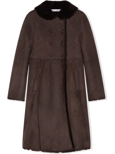 Dolce & Gabbana Kids' Double-breasted Shearling Coat With Decorative Buttons In Brown