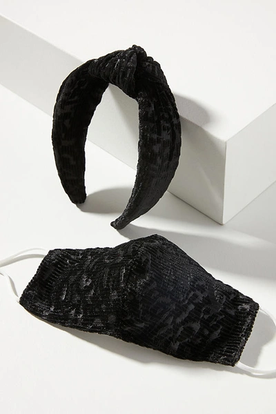 Anthropologie Velvet Burnout Headband & Ear Loop Reusable Face Mask Set In Black