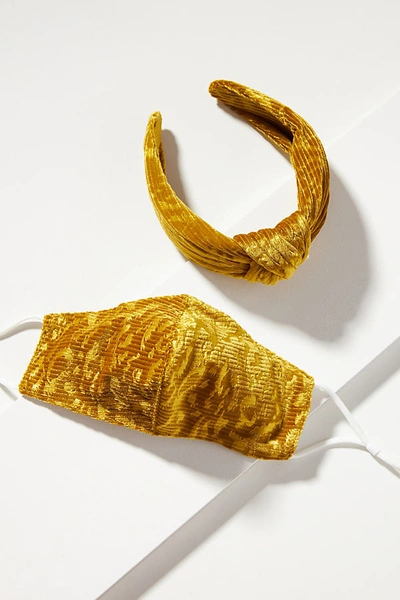 Anthropologie Velvet Burnout Headband & Ear Loop Reusable Face Mask Set In Gold