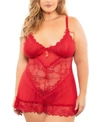 Oh La La Cheri Plus Valentine Soft Cup Lace Babydoll With Bows And G-string Panty In Red