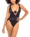 Oh La La Cheri Women's High Apex Teddy Lingerie With Deep Plunging Neckline And Lace Inserts In Black