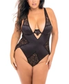 Oh La La Cheri Women's High Apex Teddy Lingerie With Deep Plunging Neckline And Lace Inserts In Black