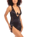 Oh La La Cheri Women's High Apex Teddy Lingerie With Deep Plunging Neckline And Lace Inserts In Black