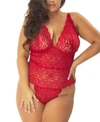 Oh La La Cheri Plus Size High Leg Galloon Lace Teddy With Multi-strap Back Detail In Red