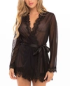 Oh La La Cheri Plus Size Eyelash Lace Robe With Satin Sash And G-string Lingerie Set In Black