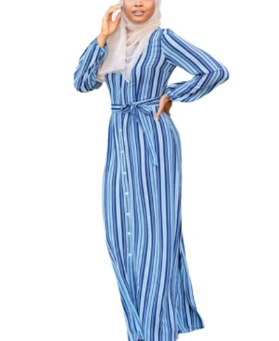 Urban Modesty Women's Striped Button Down Maxi Dress In Blue