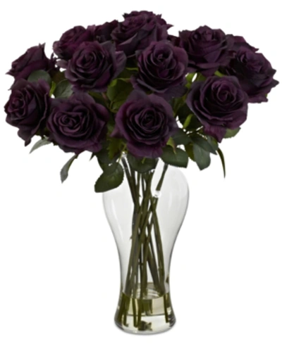 Nearly Natural Blooming Roses Artificial Arrangement In Glass Vase In Purple