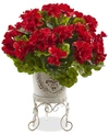 Nearly Natural Geranium Uv-resistant Indoor/outdoor Artificial Plant In Metal Planter In Red