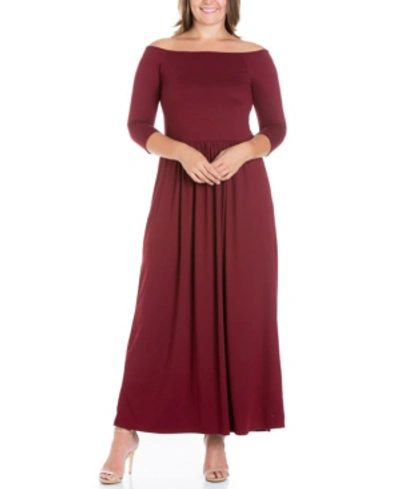 24seven Comfort Apparel Women's Off Shoulder Pleated Waist Maxi Dress In Wine