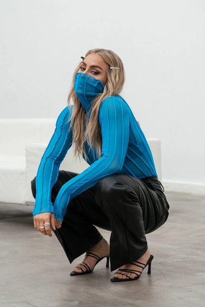 Angelica Blick X Na-kd Pleated Mesh Polo Top - Blue