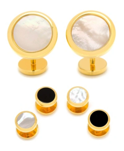 Ox & Bull Trading Co. Men's Double Sided Round Beveled Cufflink And Stud Set In White