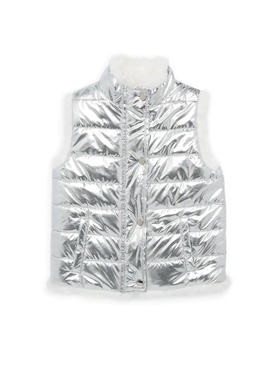 Adrienne Landau Kids' Little Girl's & Girl's Rabbit Fur-lined Metallic Puffer Vest In Silver White