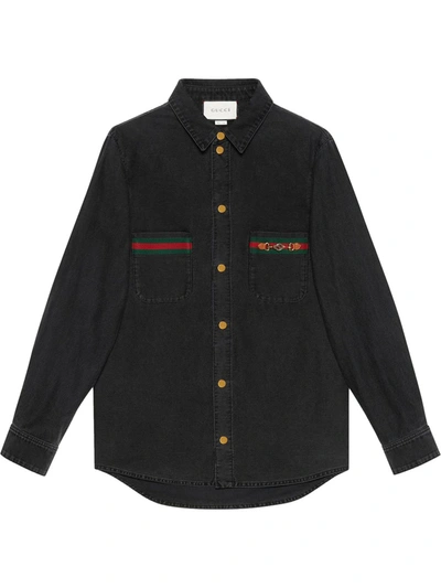 Gucci Washed Organic Denim Shirt With Web In Black