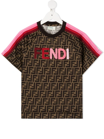 Fendi Kids' Logo Patch Monogram T-shirt In Brown
