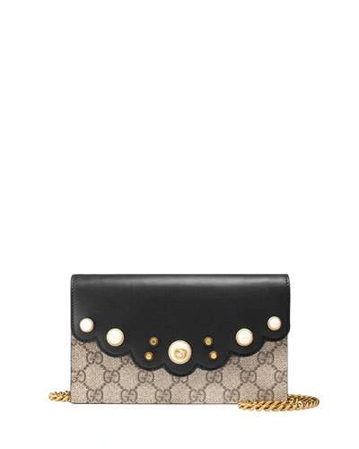 Gucci Peony Gg Supreme Pearly Mini Wallet-on-chain, Beige/ebony/nero In  Black