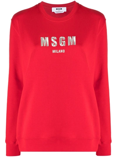 Msgm Embroidered Logo Cotton Sweatshirt In Red