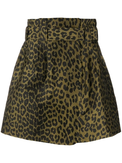 Ganni Paperbag-waist Leopard-jacquard Skirt In Dark Green