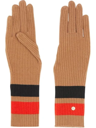 Burberry Monogram Motif Stripe Merino Wool & Cashmere Gloves In Warm Camel