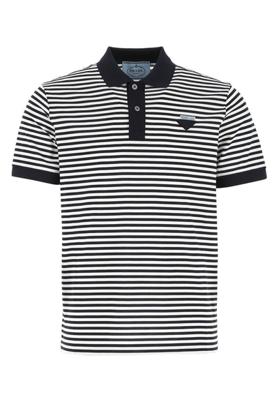 Prada Logo Patched Stripe Polo Shirt In Navy/white