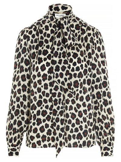 Saint Laurent Women's Leopard-print Tie-neck Satin Blouse In Beige,brown,black