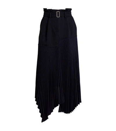 Jw Anderson Belted Asymmetric Pleated Crepe And Wool Midi Skirt In Blue