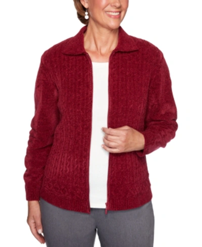 Alfred Dunner Classics Cable-knit Zippered Cardigan In Berry