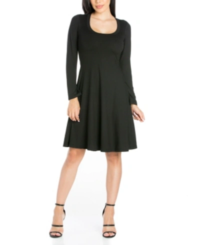 24seven Comfort Apparel Women's Knee Length Pleated Long Sleeve Dress In Black