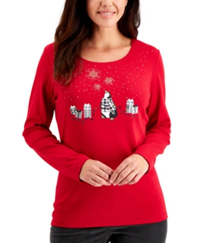 Karen Scott Embellished Penguin Top, Created For Macy's In New Red Amore