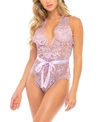 Oh La La Cheri Women's Eyelash Lace Halter Lingerie Teddy In Mauve Shadow