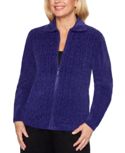 Alfred Dunner Petite Classics Chenille Zip Cardigan In Purple