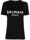 Balmain Black Crewneck T-shirt With Logo Print And Golden Buttons In Jersey Woman In Black