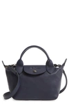 Longchamp Mini Le Pliage Cuir Leather Top Handle Bag In Navy