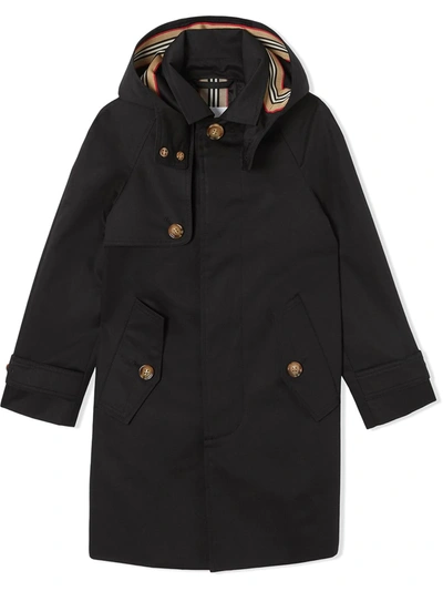 Burberry Kids' Detachable Hood Icon Stripe Trim Coat In Black