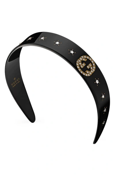 Gucci Black Gg Crystal Star Headband In Black