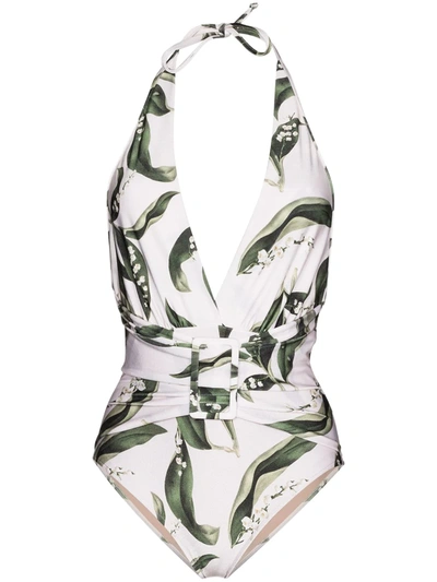 Adriana Degreas White Muguet Leaf Print Halterneck Swimsuit In Weiss