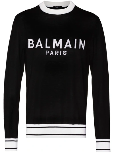 Balmain Logo-intarsia Crew-neck Jumper In Black,white