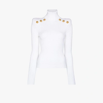 Balmain Logo Button Ribbed Turtleneck Sweater In White