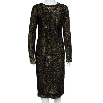 Pre-owned Bottega Veneta Black Foil Print Wool Midi Sheath Dress M
