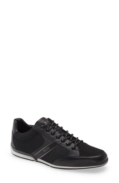 Hugo Boss Saturn Low Leather Detail Trainer In Black Fabric