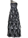 MARCHESA NOTTE LONG FLORAL-EMBROIDERED DRESS