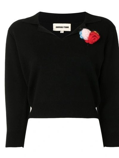 Shushu-tong Fine Knit V-neck Top With Knitted Flowers In Ba100 Black