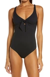 Melissa Odabash Lisbon Knotted Striped Stretch-piqué Swimsuit In Black Pique